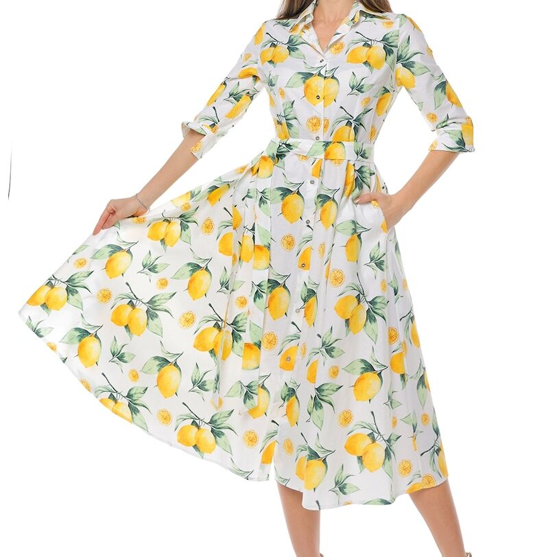 Разкроена рокля-риза с колан - Бял/Жълт CAMISSI