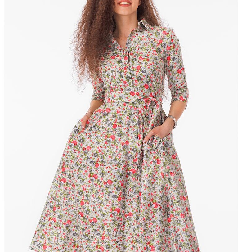 Разкроена рокля-риза с колан - Бял/Зелен/Корал CAMISSI