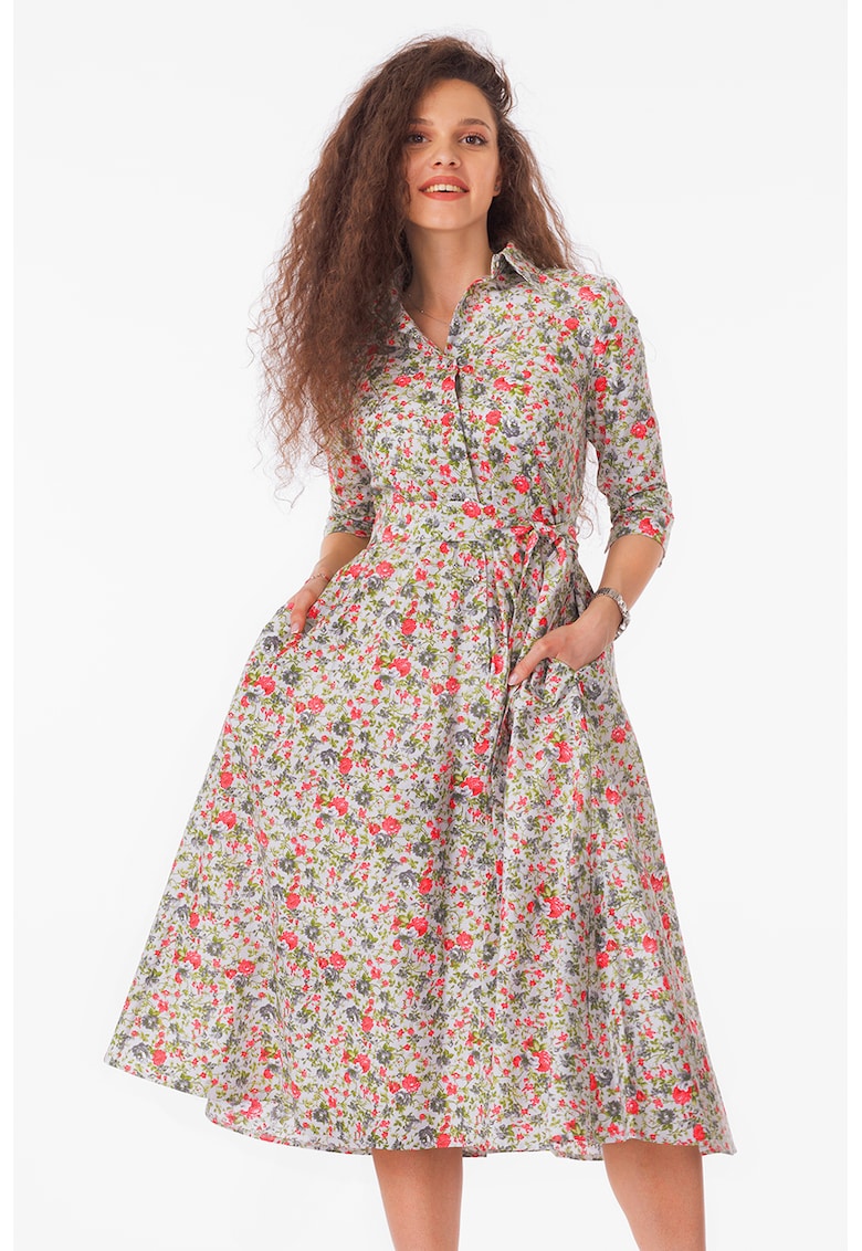 Разкроена рокля-риза с колан - Бял/Зелен/Корал CAMISSI