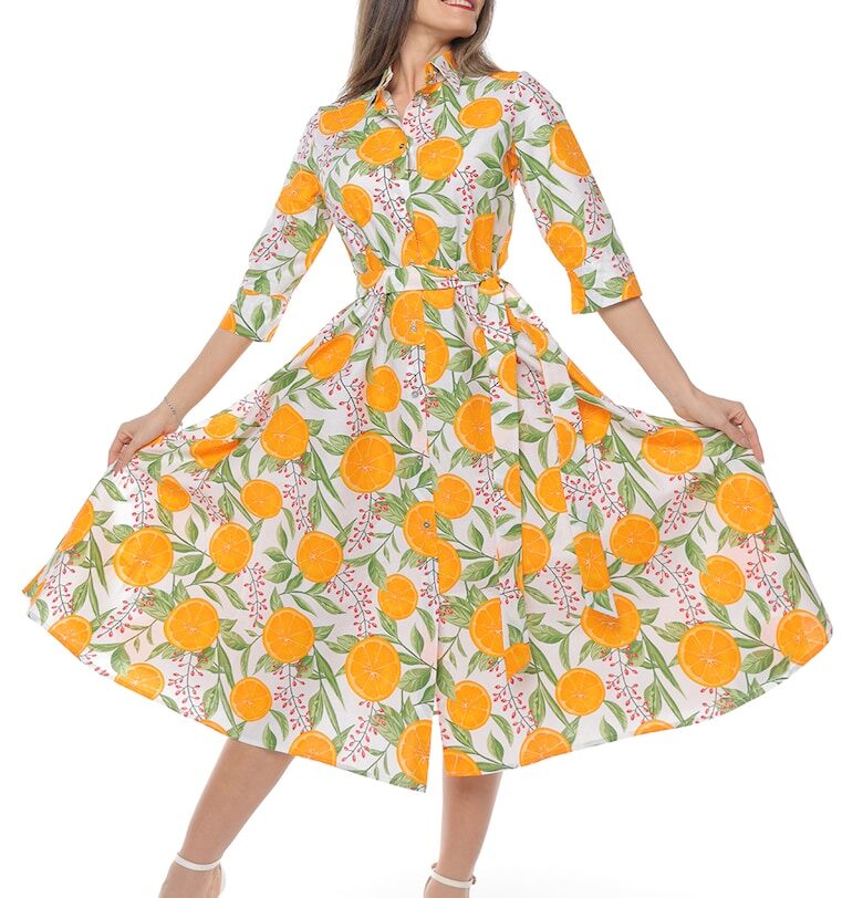 Разкроена рокля-риза с колан - Бял/Зелен/Оранжев CAMISSI