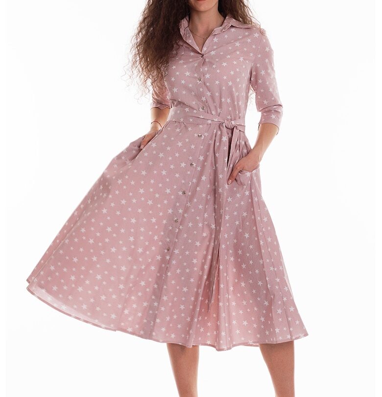 Разкроена рокля-риза с колан - Бял/Прашно розово CAMISSI