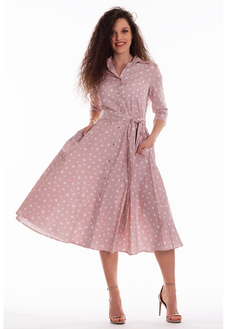 Разкроена рокля-риза с колан - Бял/Прашно розово CAMISSI