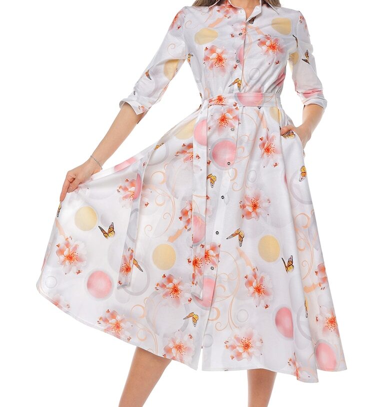 Разкроена рокля-риза с колан - Бял/Розово CAMISSI