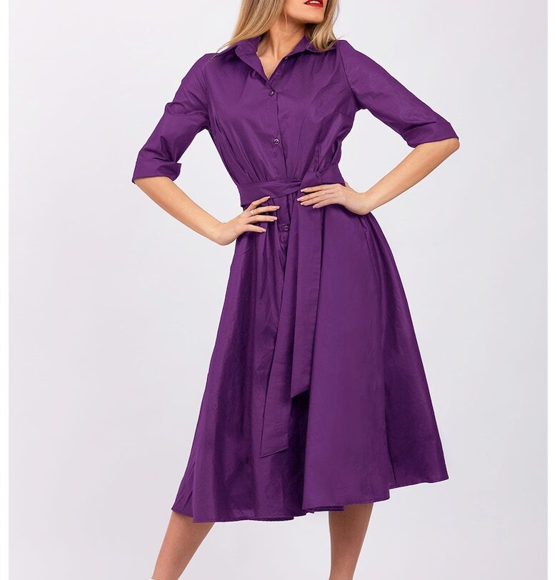 Разкроена рокля-риза с колан - Виолетов CAMISSI