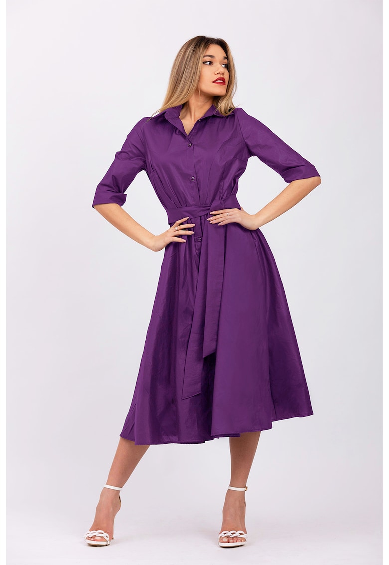Разкроена рокля-риза с колан - Виолетов CAMISSI