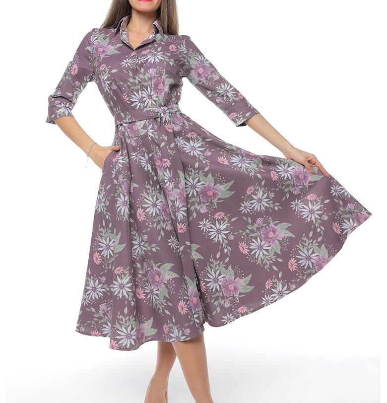 Разкроена рокля-риза с колан - Зелен/Виолетов CAMISSI