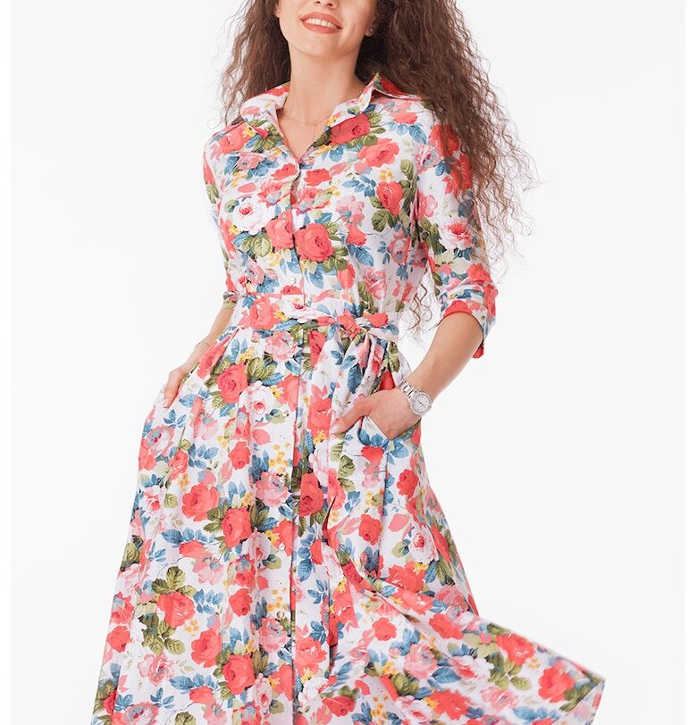 Разкроена рокля-риза с колан - Зелен/Корал/Син CAMISSI