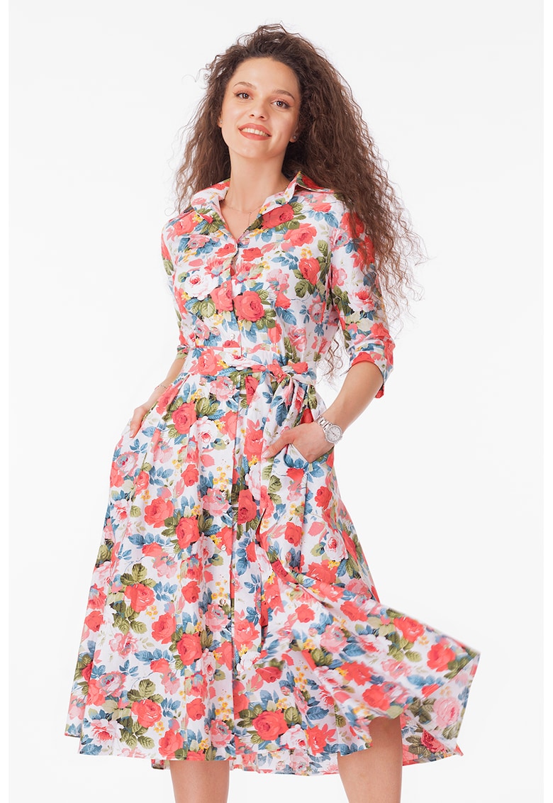 Разкроена рокля-риза с колан - Зелен/Корал/Син CAMISSI