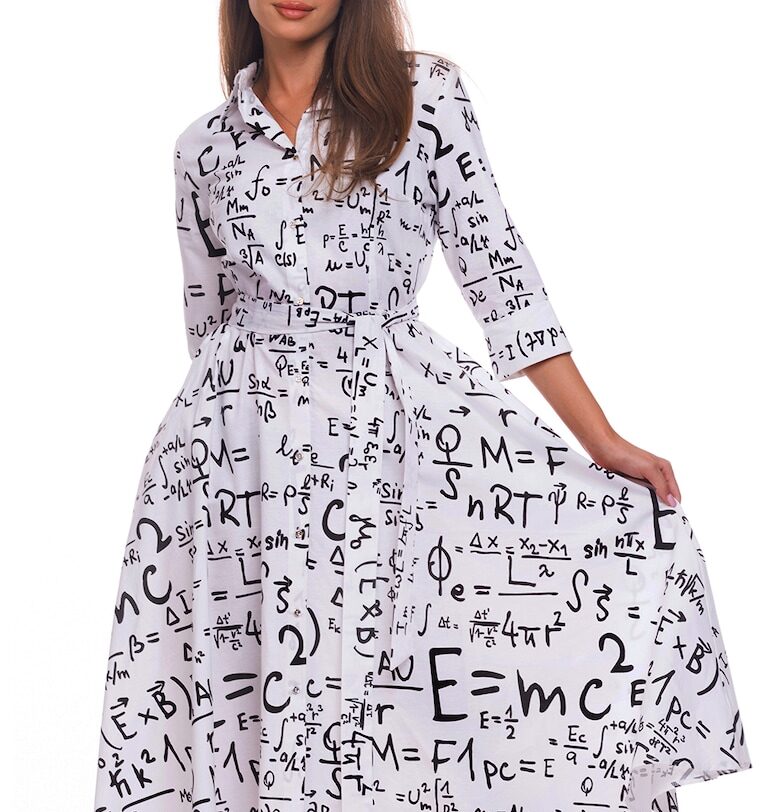 Разкроена рокля-риза с колан - Избеляло черно/Бял CAMISSI