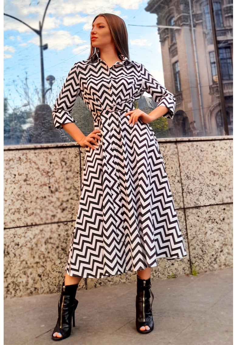 Разкроена рокля-риза с колан - Избеляло черно/Мръснобял CAMISSI