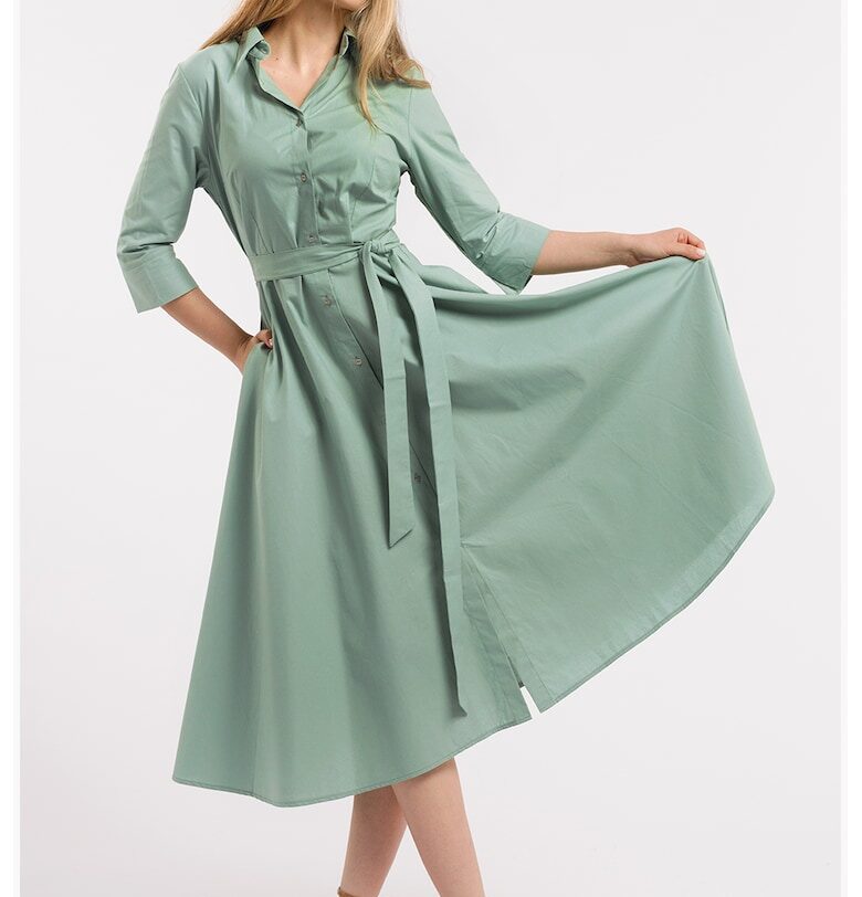 Разкроена рокля-риза с колан - Папратово зелено CAMISSI