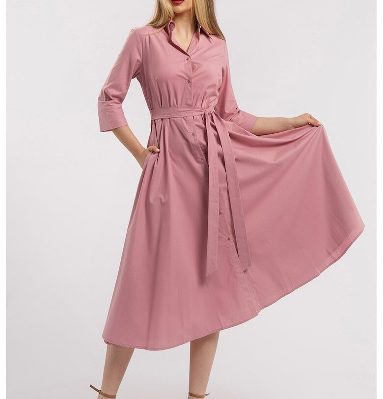 Разкроена рокля-риза с колан - Прашно розово CAMISSI