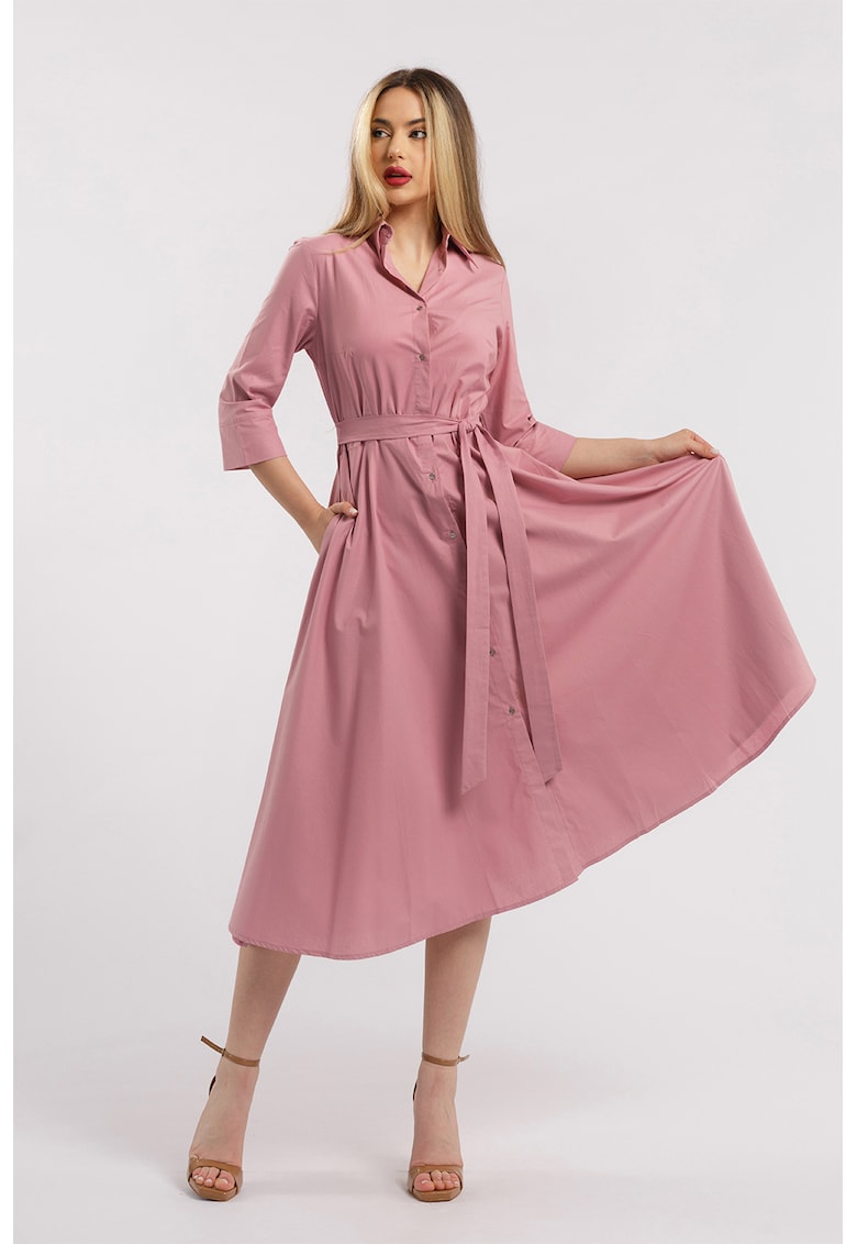 Разкроена рокля-риза с колан - Прашно розово CAMISSI