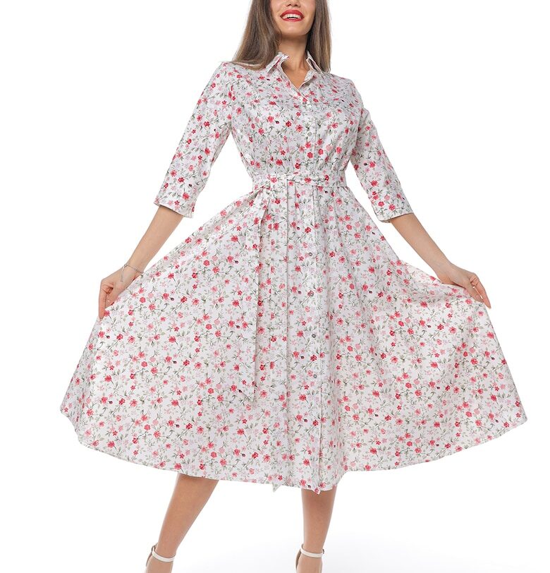 Разкроена рокля-риза с колан - Червен/Бял CAMISSI