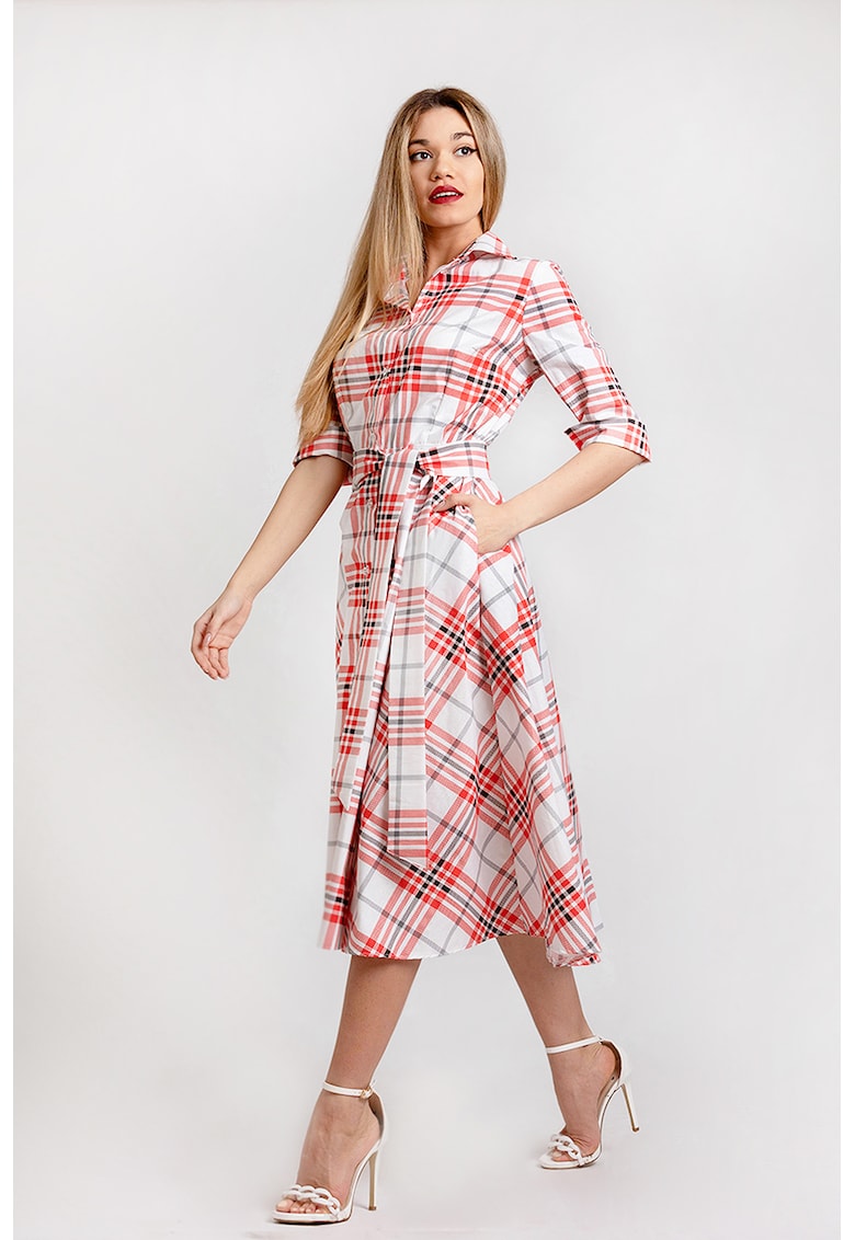 Разкроена рокля-риза с колан - Червен/Бял/Черен CAMISSI