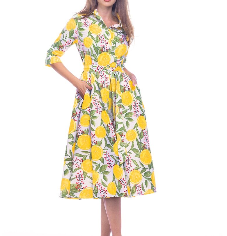 Разкроена рокля-риза с колан - Червен/Зелен/Жълт CAMISSI