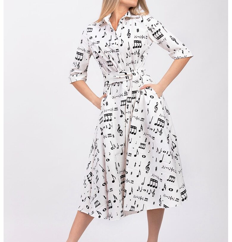 Разкроена рокля-риза с колан - Черен/Бял CAMISSI