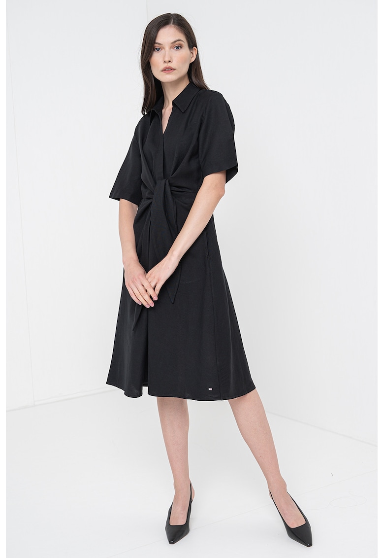 Разкроена рокля-риза с лен - Черен Tommy Hilfiger