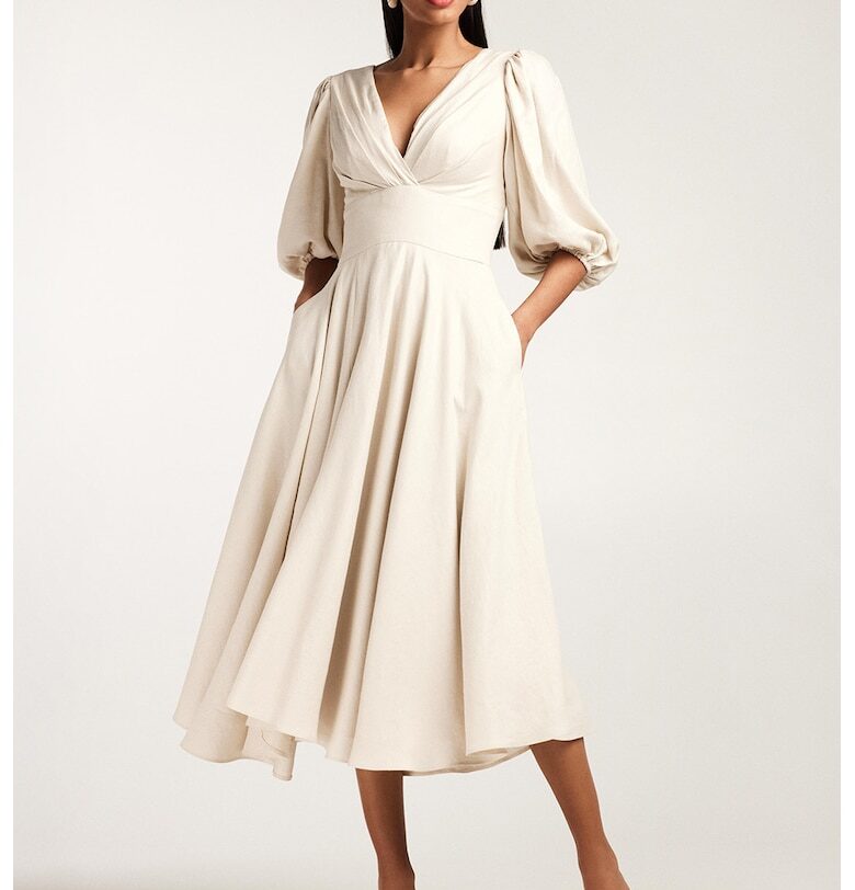 Разкроена рокля с бамбукови нишки с бухнали ръкави Alina Cernatescu