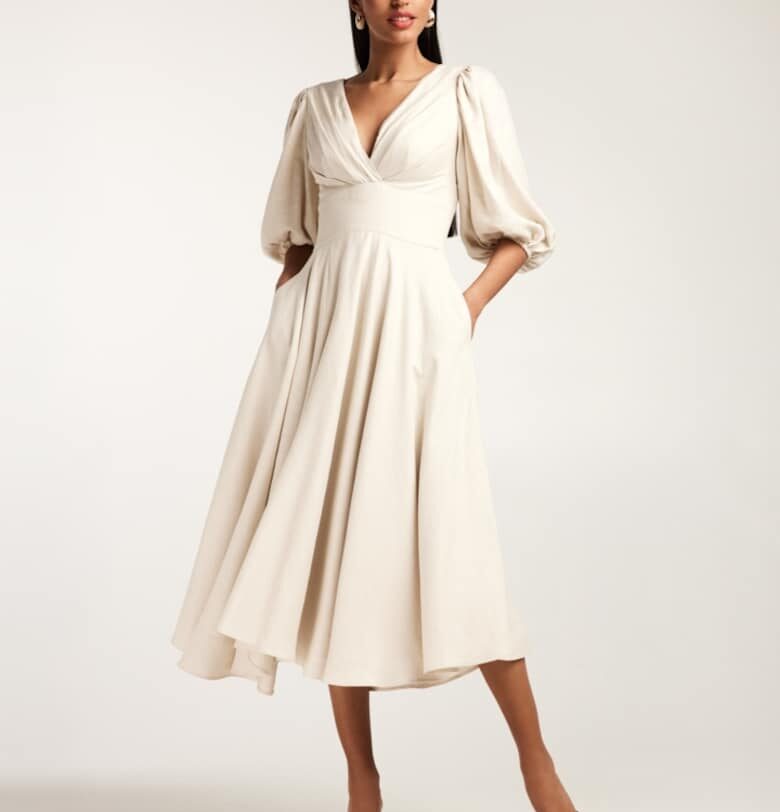 Разкроена рокля с бамбукови нишки с бухнали ръкави Alina Cernatescu