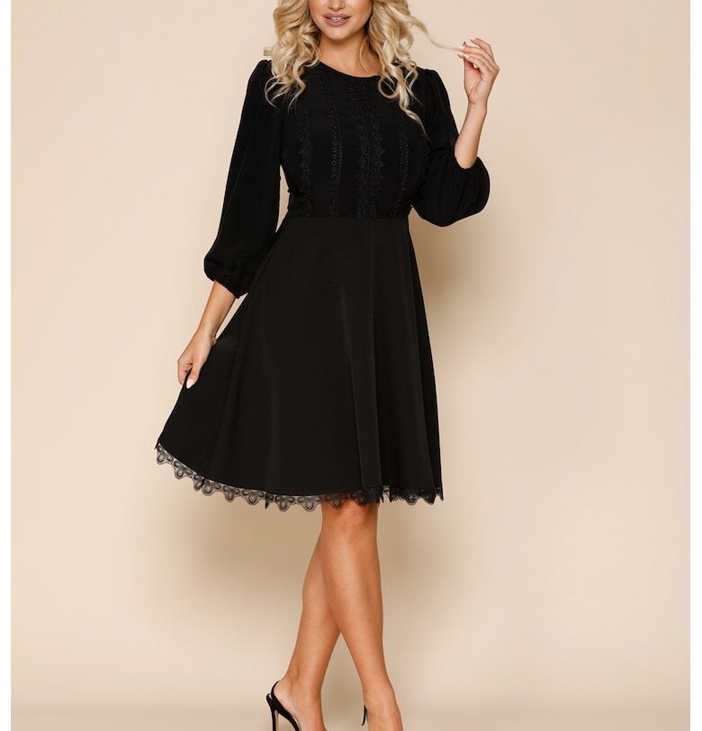 Разкроена рокля с бродирана дантела - Черен BAROCCA