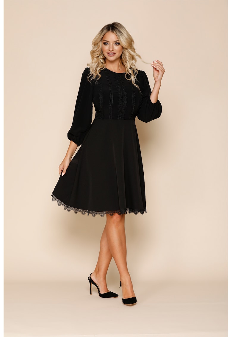 Разкроена рокля с бродирана дантела - Черен BAROCCA