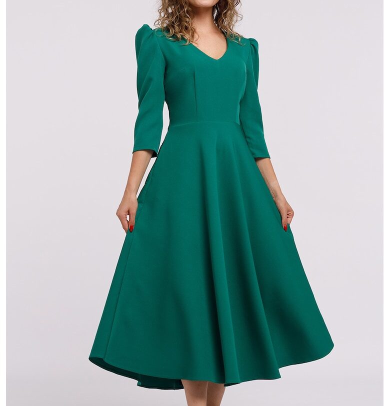 Разкроена рокля с бухнали ръкави - Аква зелено CAMISSI