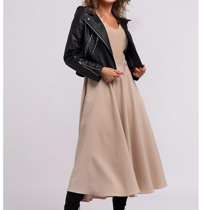 Разкроена рокля с бухнали ръкави - Бежов CAMISSI