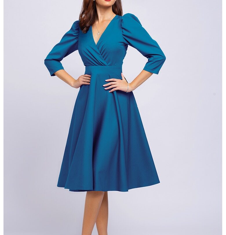 Разкроена рокля с бухнали ръкави - Петролно синьо CAMISSI