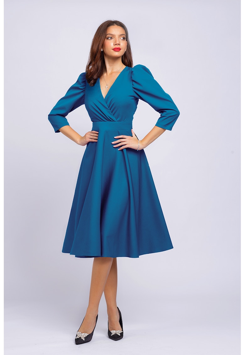 Разкроена рокля с бухнали ръкави - Петролно синьо CAMISSI