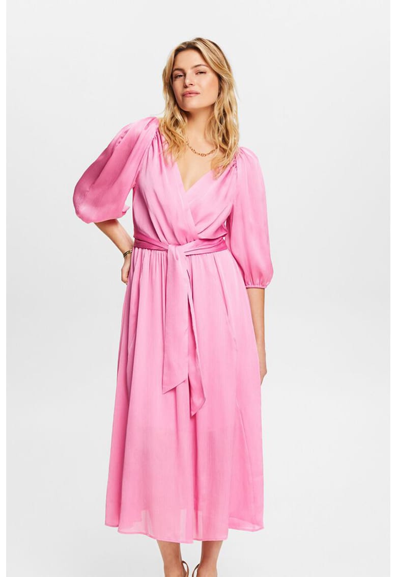 Разкроена рокля с бухнали ръкави - Светлорозов Esprit