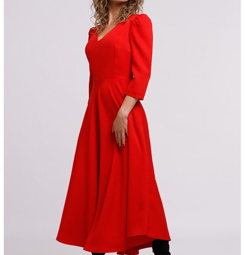 Разкроена рокля с бухнали ръкави - Червен CAMISSI