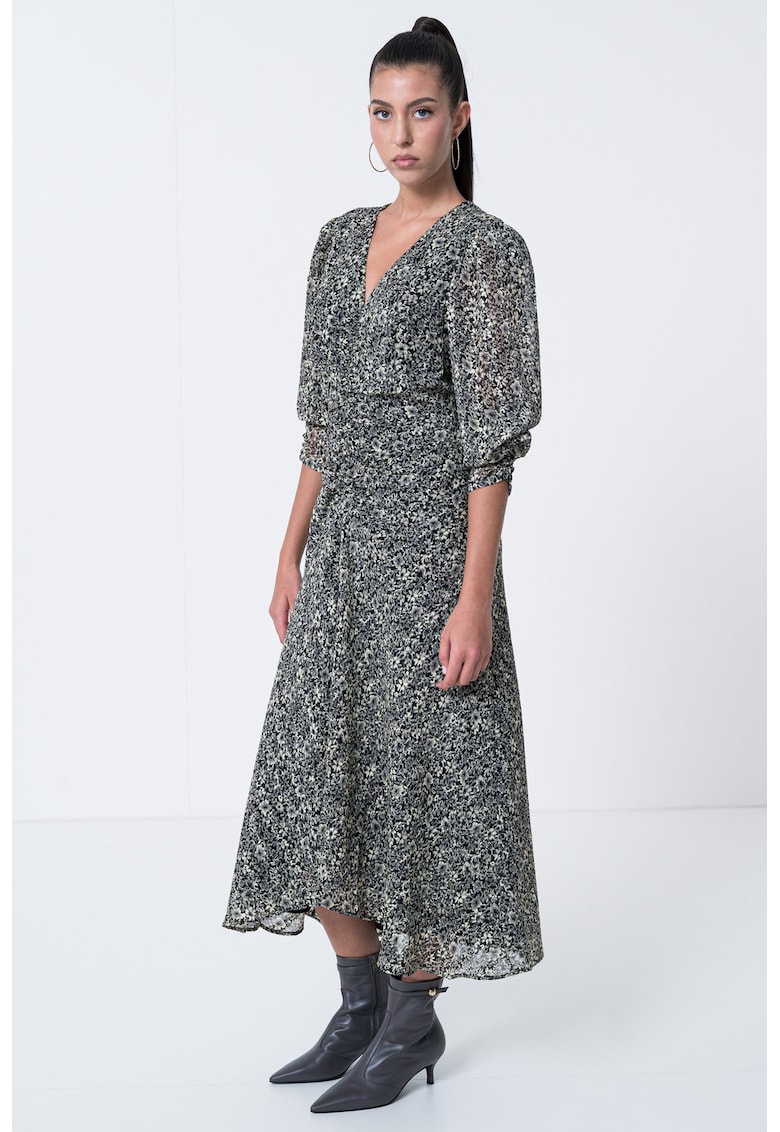 Разкроена рокля с бухнали ръкави - Черен/Крем BOSS