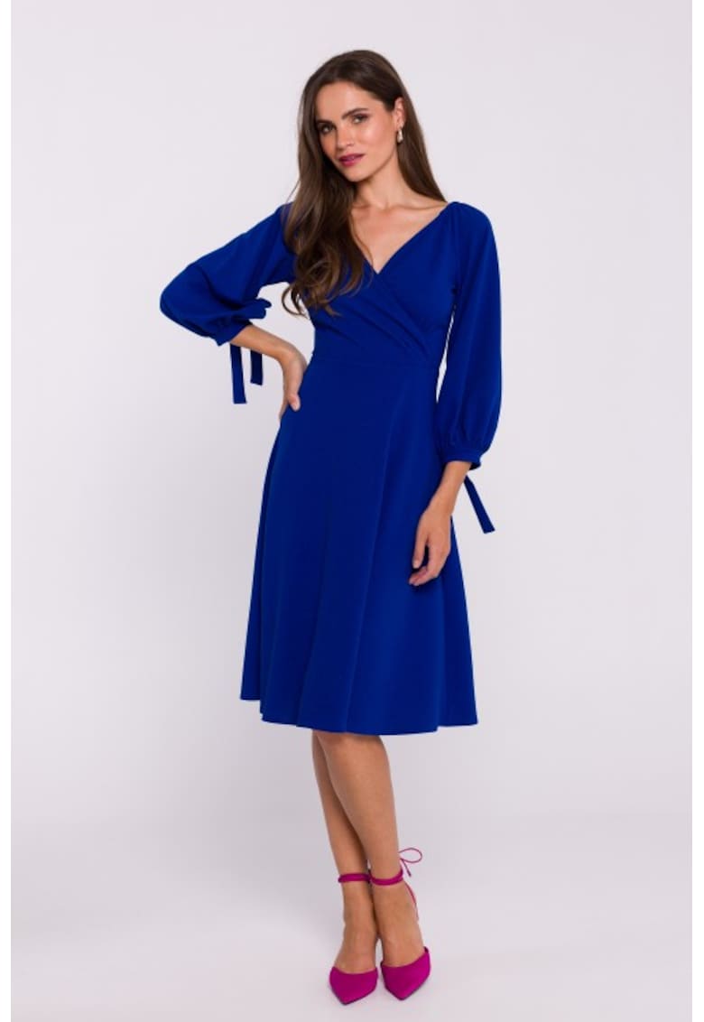 Разкроена рокля с вързани ръкави Кралско Синьо Stylove