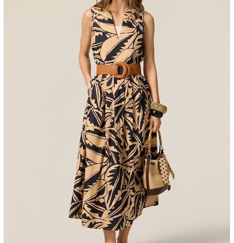 Разкроена рокля с графична шарка - Черен/Бледооранжев Oltre