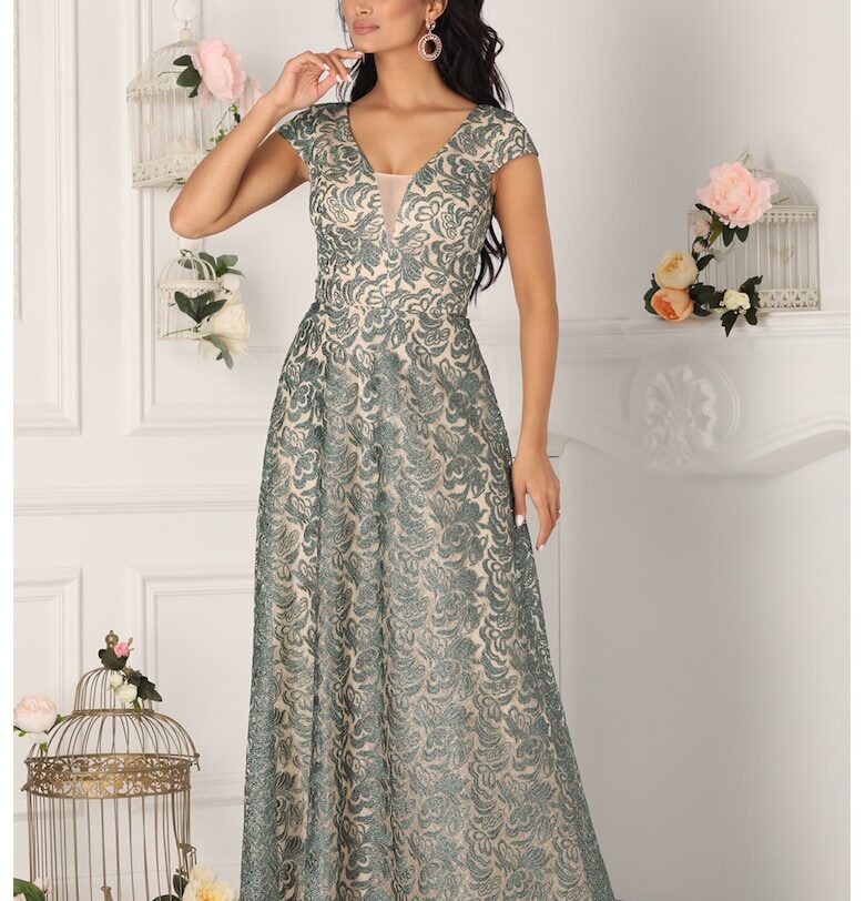 Разкроена рокля с дантелен горен слой - Зелен/Слонова кост BAROCCA