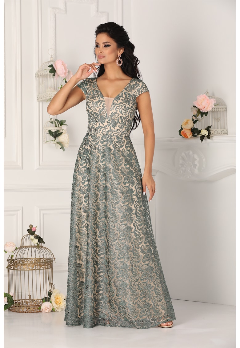 Разкроена рокля с дантелен горен слой - Зелен/Слонова кост BAROCCA