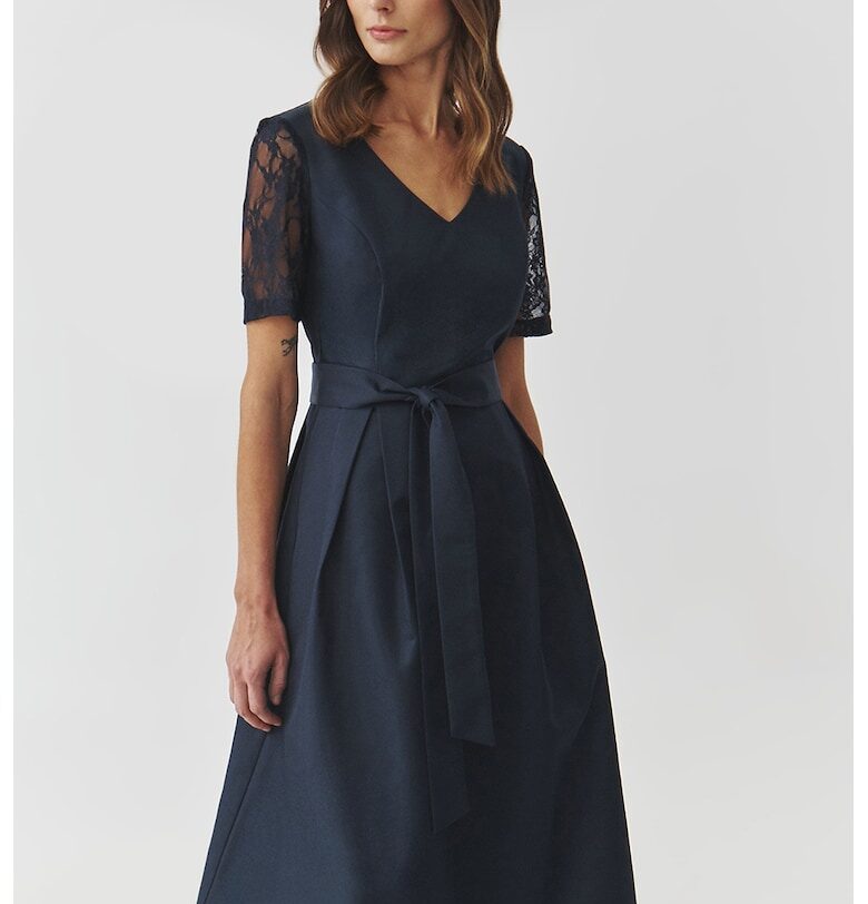 Разкроена рокля с дантелени ръкави - Тъмносин Tatuum