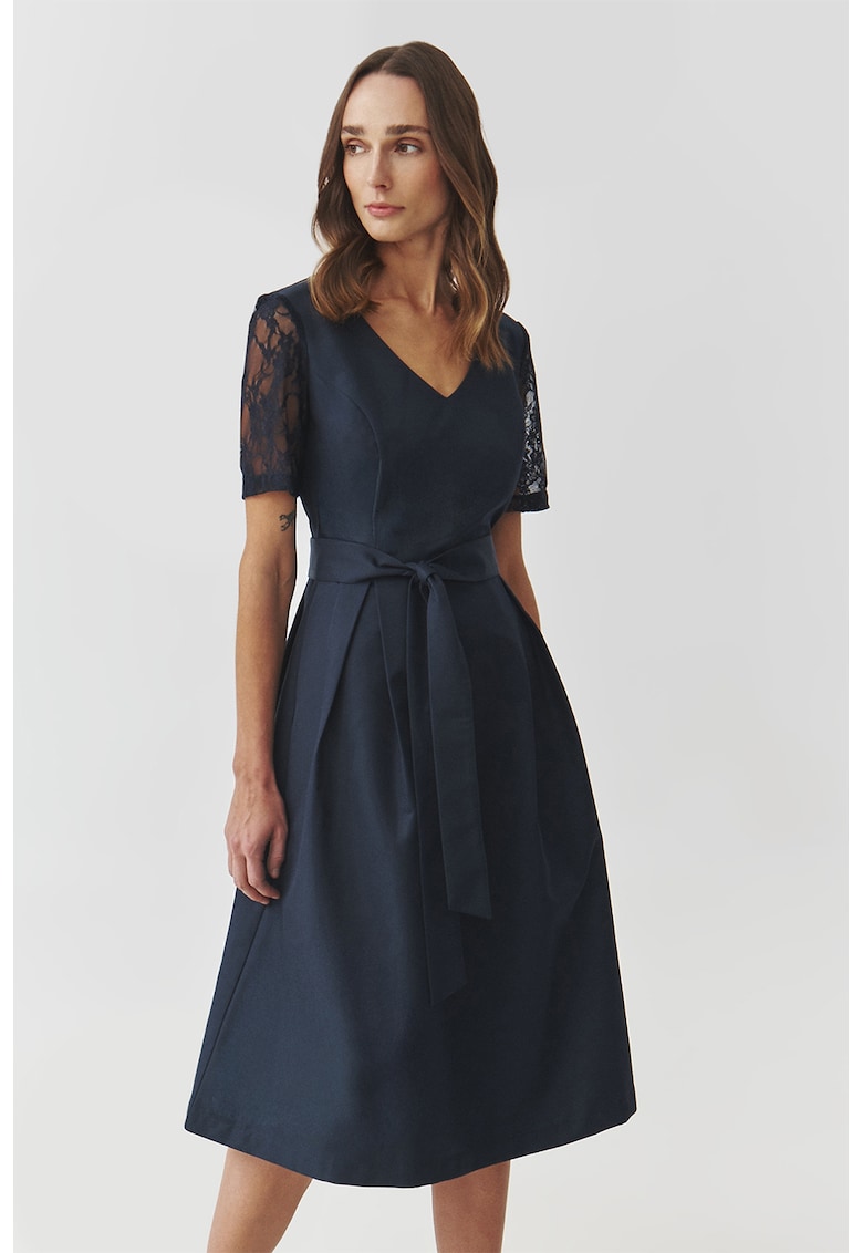 Разкроена рокля с дантелени ръкави - Тъмносин Tatuum