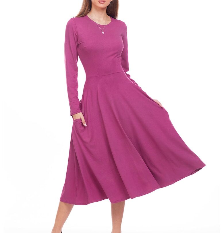 Разкроена рокля с джобове - Тъмнорозов CAMISSI