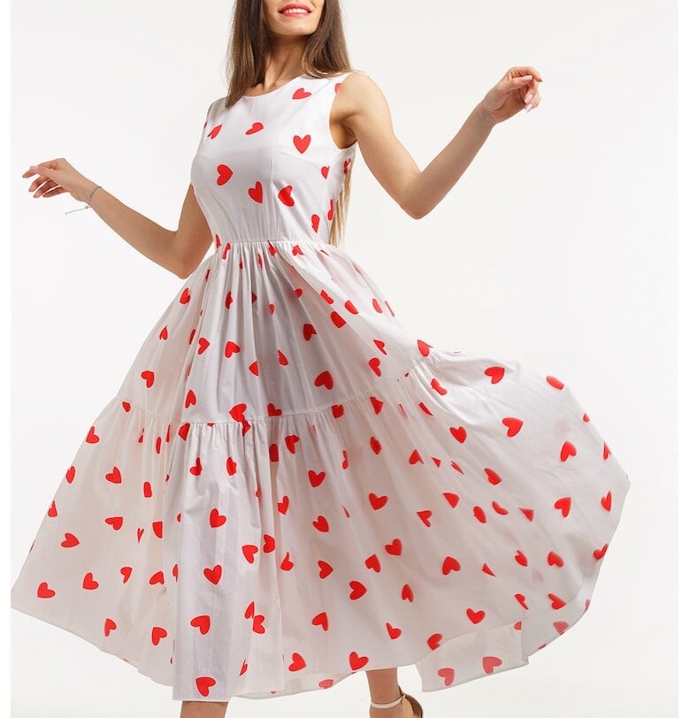 Разкроена рокля с джобове встрани - без ръкави - Бял/Аленочервен CAMISSI