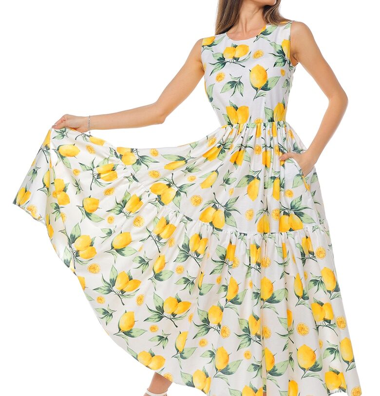 Разкроена рокля с джобове встрани - без ръкави - Бял/Зелен/Жълт CAMISSI