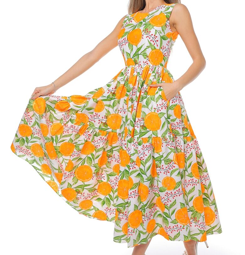 Разкроена рокля с джобове встрани - без ръкави - Бял/Зелен/Оранжев CAMISSI