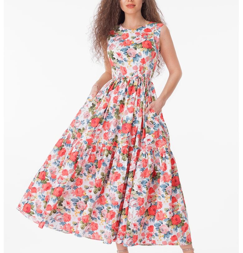 Разкроена рокля с джобове встрани - без ръкави - Бял/Корал/Прашно синьо CAMISSI