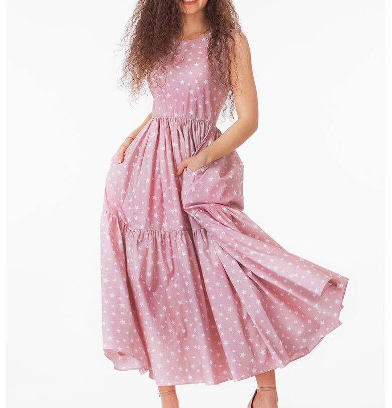 Разкроена рокля с джобове встрани - без ръкави - Бял/Прашно розово CAMISSI