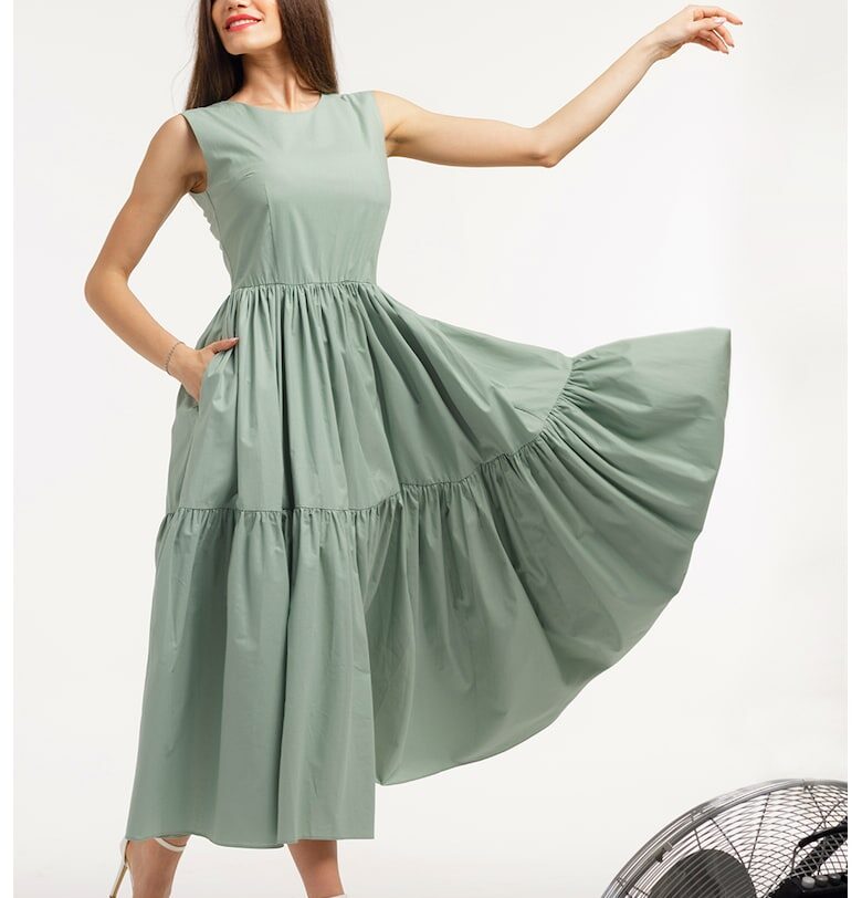 Разкроена рокля с джобове встрани - без ръкави - Зелени аспержи CAMISSI