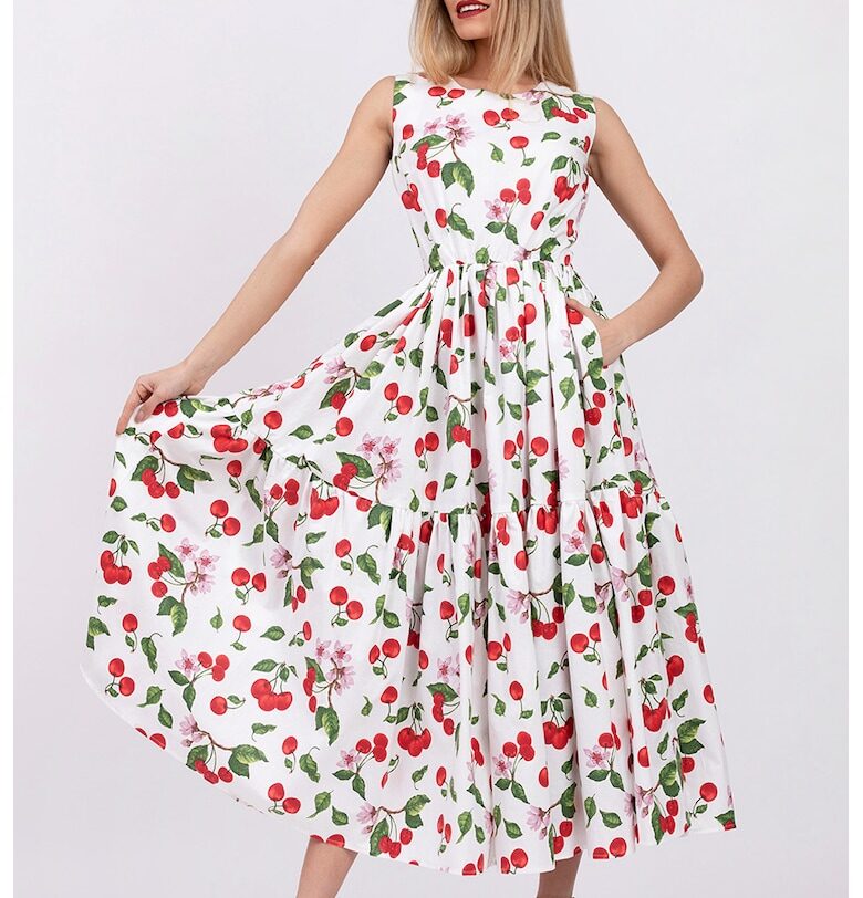 Разкроена рокля с джобове встрани - без ръкави - Червен/Бял/Зелен CAMISSI