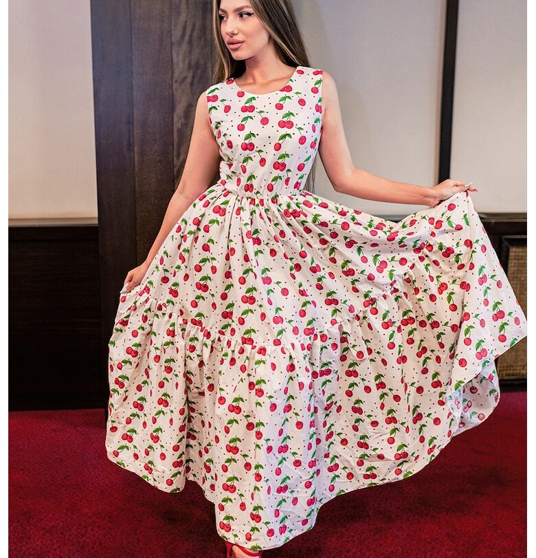 Разкроена рокля с джобове встрани - без ръкави - Червен/Зелен/Бял CAMISSI