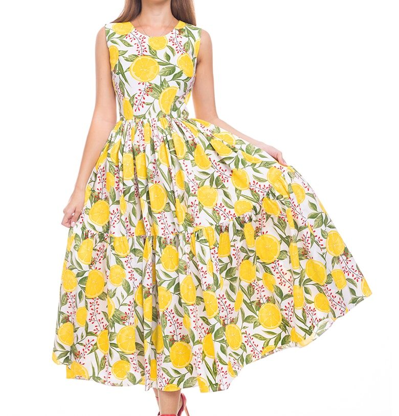 Разкроена рокля с джобове встрани - без ръкави - Червен/Зелен/Жълт CAMISSI