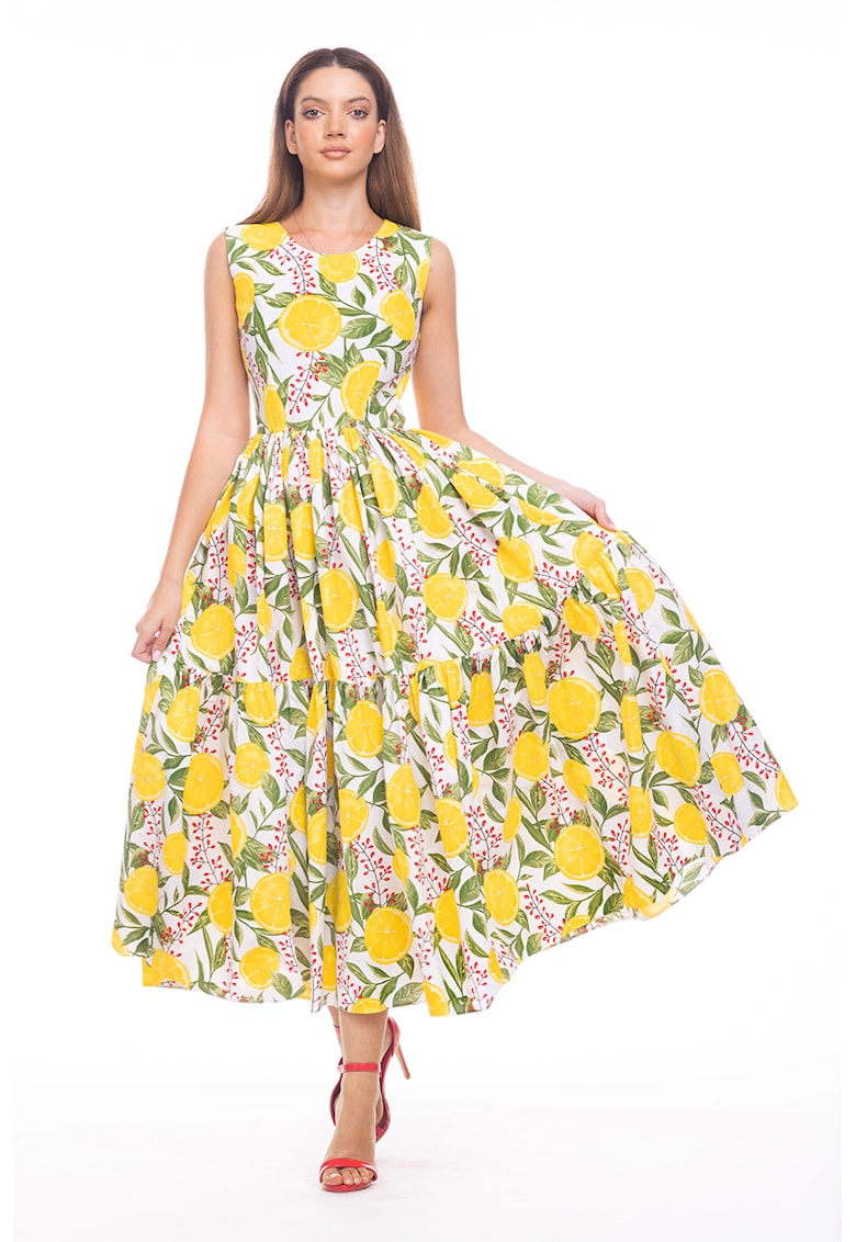 Разкроена рокля с джобове встрани - без ръкави - Червен/Зелен/Жълт CAMISSI